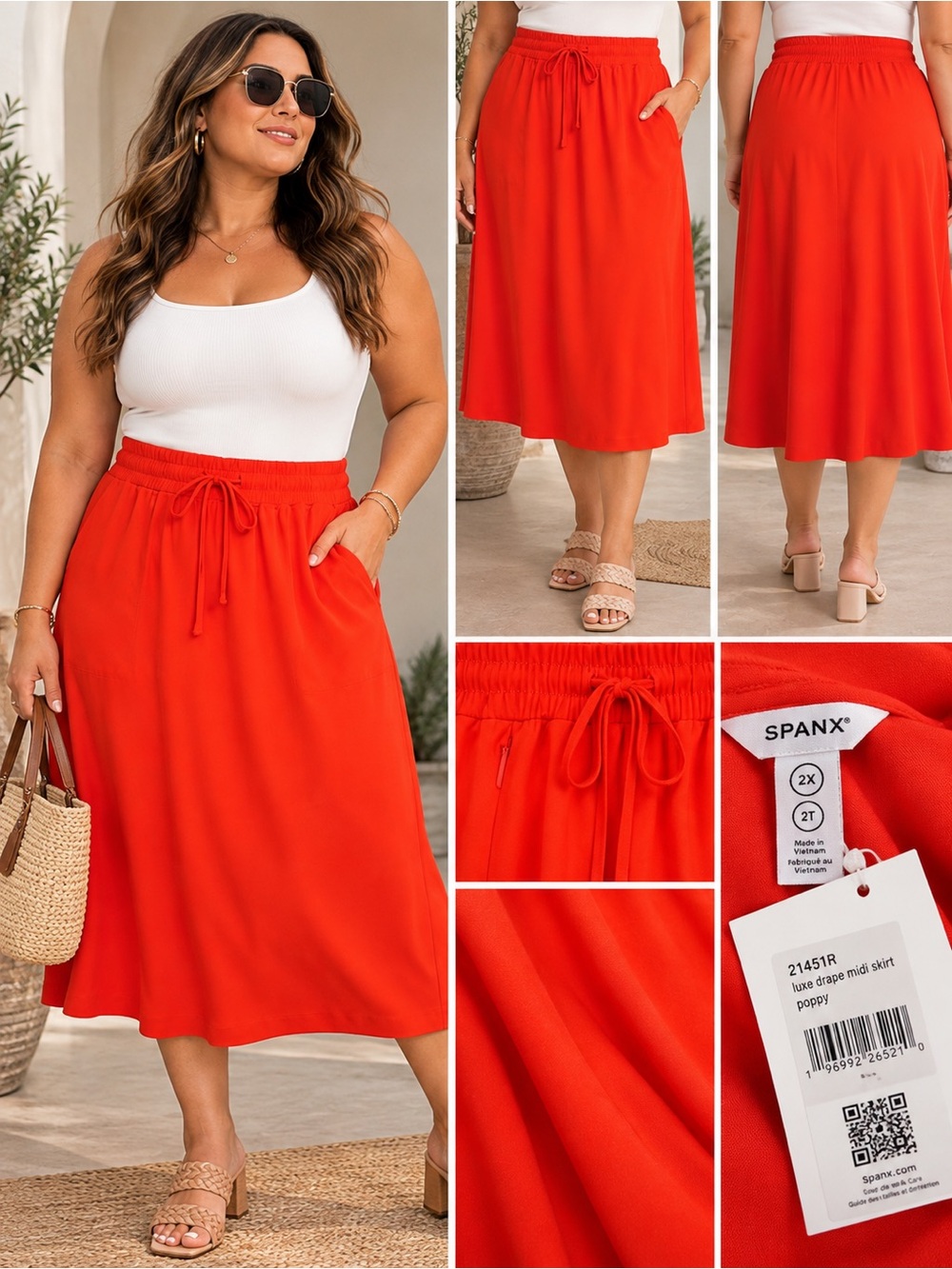 SPANX Luxe Drape Midi Skirt Poppy Red Orange Drawstring Flowy NWT Plus Size 2X